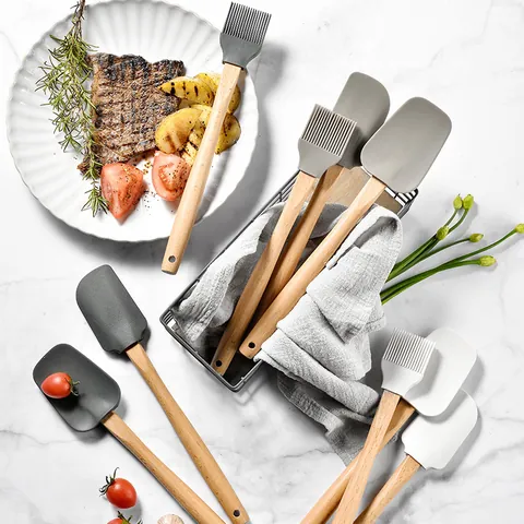 Silicone Spatula Set Wood Handle Heat Resistant Non Stick Cream Scraper Oil Brush Baking Cooking Kitchen Utensils Utensil