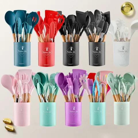 Silicone Kitchen Utensil Set With Wood Handle Heat Resistant Non-stick Cooking Spatula Spoon Set With Storage Bucket