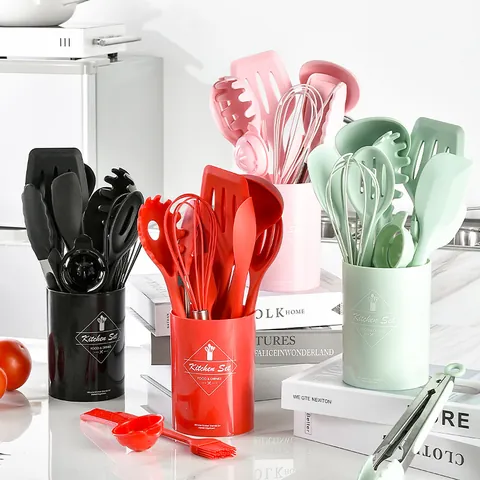 Utensili da Cucina in Silicone Spatola Mestolo Frusta Pinza Pennello Collezione Strumenti da Cucina Resistenti al Calore Con Secchiello
