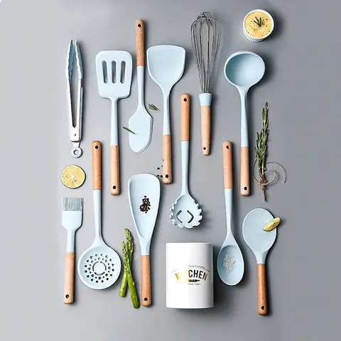 Silicone Kitchen Utensil Collection With Wooden Handles Heat Resistant Non Stick Cooking Tools Spatula Whisk Tongs Storage Bucket