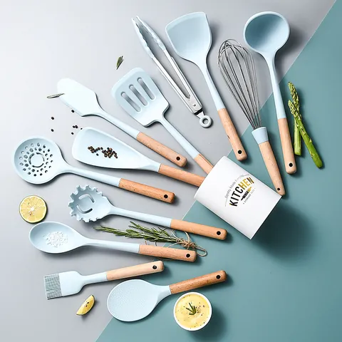 Silicone Kitchen Utensils Set With Wooden Handle Heat Resistant Nonstick Cooking Tools Modern Minimalist Kitchen Gadgets