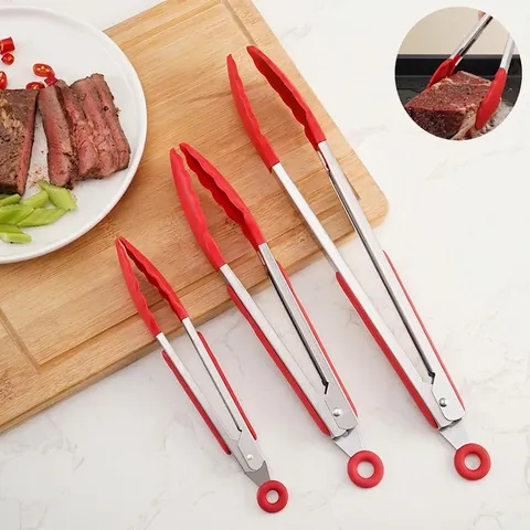 Juego de Pinzas de Cocina de Silicona y Acero Inoxidable Resistentes al Calor Antideslizantes Con Clip de Bloqueo Para Barbacoa Carne