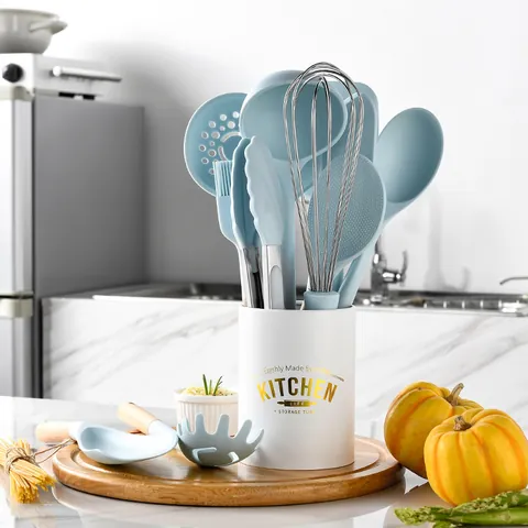 Morandi Blue Silicone Kitchen Utensil Set With Wooden Handle Heat Resistant Non-Stick Cookware Spatula Ladle Whisk Bucket