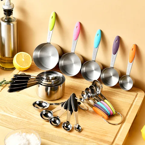 Professional Stainless Steel Measuring Cups And Spoons With Colorful Silicone Handles Engraved Markings For Kitchen Baking Tools