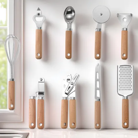 Stainless Steel Wooden Handle Kitchen Utensils Whisk Can Opener Pizza Cutter Peeler Garlic Press Cheese Knife Cooking Gadgets