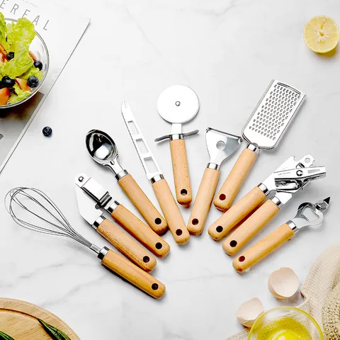 Stainless Steel Wooden Handle Kitchen Utensils Whisk Can Opener Pizza Cutter Peeler Garlic Press Cheese Knife Cooking Gadgets