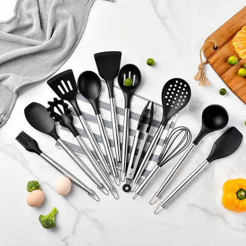 Ensemble d'Ustensiles de Cuisine en Silicone avec Manche en Acier Inoxydable 430 Résistant à la Chaleur Antiadhésif