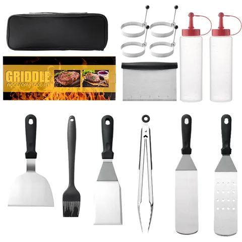 BBQ Stainless Steel Grill Tools Set Griddle Accessories Kit With Spatulas Tongs Sauce Bottles And Storage Bag For Outdoor Camping Cooking