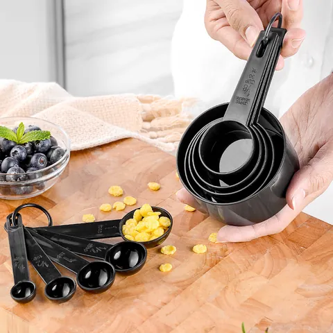 10 Pieces Square Handle Plastic Measuring Cups And Measuring Spoons Set For Baking Kitchen Tool Black Gray Measuring Tool