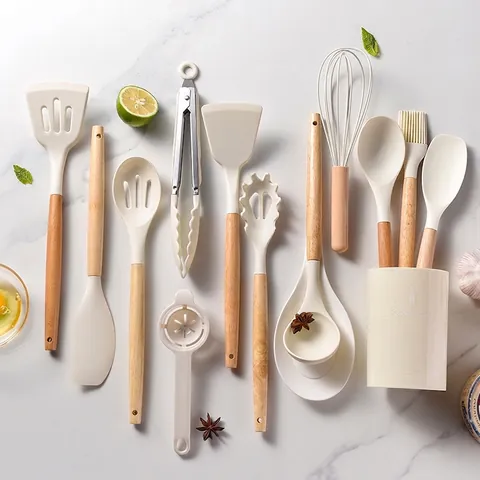 Hittebestendige Siliconen Keukengerei Set Met Houten Handvat Antiaanbaklaag Kookgereedschap Draaier Soeplepel Tang Olieborstel Garde Pasta Server Met Keukengerei Houder