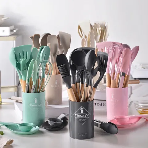 Hittebestendige Siliconen Keukengerei Set Met Houten Handvat Antiaanbaklaag Kookgereedschap Draaier Soeplepel Tang Olieborstel Garde Pasta Server Met Keukengerei Houder