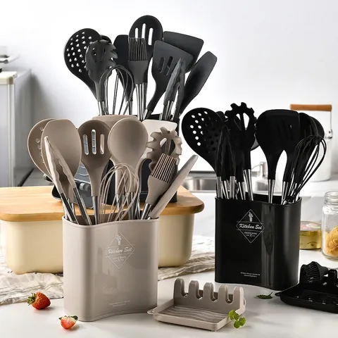 Stainless Steel Hollow Handle Silicone Kitchenware Cooking Utensils With Storage Bucket Spatula Whisk Tong Oil Brush