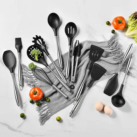 Stainless Steel Hollow Handle Silicone Kitchenware Cooking Utensils With Storage Bucket Spatula Whisk Tong Oil Brush