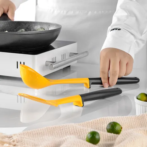 Utensilios de Cocina de Silicona Amarilla Con Soporte Antiadherente Resistente al Calor Espátula Cuchara Pinzas Cocina