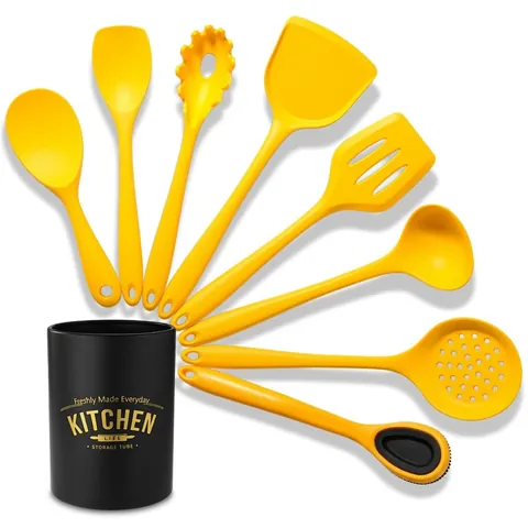 Yellow Food Grade Silicone Kitchen Utensil Set With Storage Bucket Non-stick Heat Resistant 8 Pieces Cooking Tools Spatula Ladle Spoon Turner Pasta Server For Home Kitchen