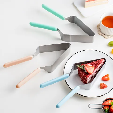 Stainless Steel Cake Cutter Divider Server Triangular Cake Transfer Tool With Colorful Handle Baking Helper For Party Home