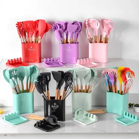 Silicone Kitchen Utensil Set With Wooden Handle Non-Stick Heat Resistant Cooking Tools Including Spatula Soup Spoon And Storage Bucket
