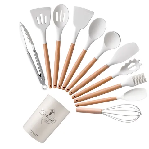 Silicone Kitchen Utensils Set With Beech Wood Handle Heat Resistant Non-Stick Cooking Tools Turner Soup Spoon Spatula Whisk Tongs Pasta Claw For Kitchen