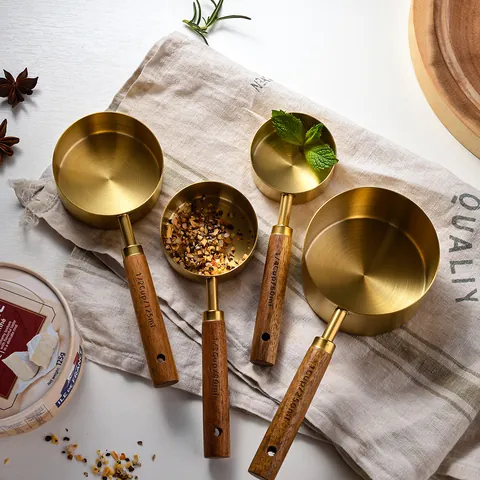 Stainless Steel Measuring Cups and Spoons Set with Acacia Wood Handle Professional Gold Plated Baking Tools 8 Piece Set