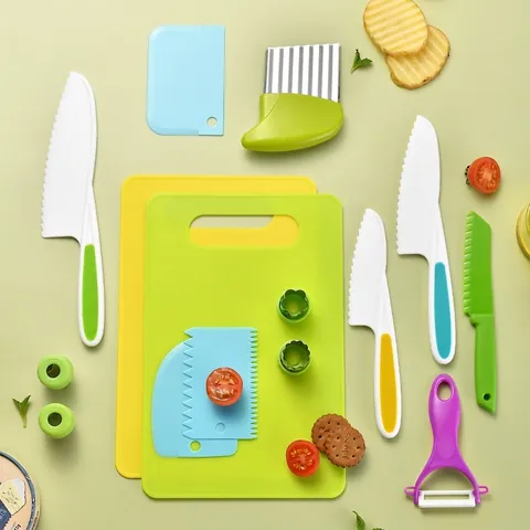 Kid Safe Knife Set Plastic Kitchen Tools For Children Fruit Cake Knife With Cutting Board Peeler Vegetable Cutters Modern Simple Style Multicolor Kitchen Cooking Set For Toddlers Learning Kitchen Accessories