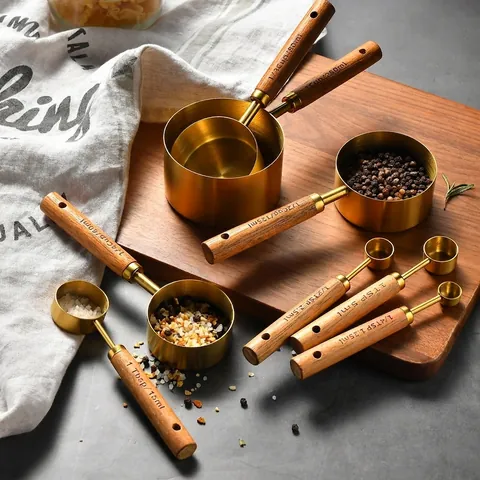 Baking Stainless Steel Measuring Cups Spoons With Wood Handle Professional Graduated Kitchen Cooking Tools Gold Silver Black