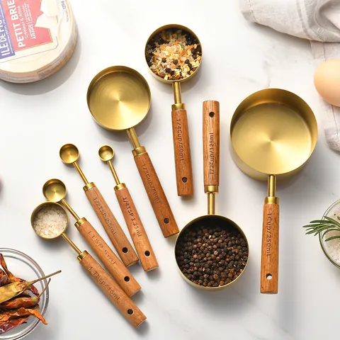 Baking Stainless Steel Measuring Cups Spoons With Wood Handle Professional Graduated Kitchen Cooking Tools Gold Silver Black