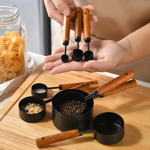 Stainless Steel Measuring Cups And Spoons Set with Wood Handle Baking Tools For Kitchen Cooking Gold Silver Black Rose Gold