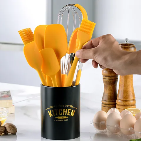 Juego de Utensilios de Cocina de Silicona Amarilla de 9 Piezas Espátula Pincel de Aceite Batidor Pinzas con Cubo de Almacenamiento