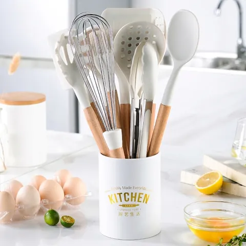 Ensemble de 10 Ustensiles de Cuisine en Silicone Blanc Crème Avec Poignée en Bois Outils de Cuisine Anti-adhésifs Résistants à la Chaleur