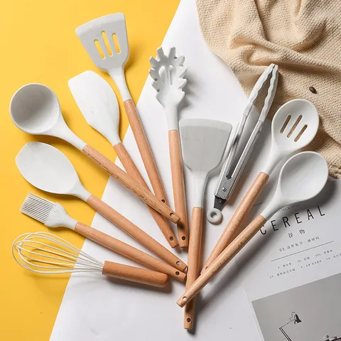 Marble Pattern Silicone Kitchenware Set 11 Pieces With Wood Handle Heat Resistant Non-stick Spatula Spoon Cooking Tools With Storage Bucket