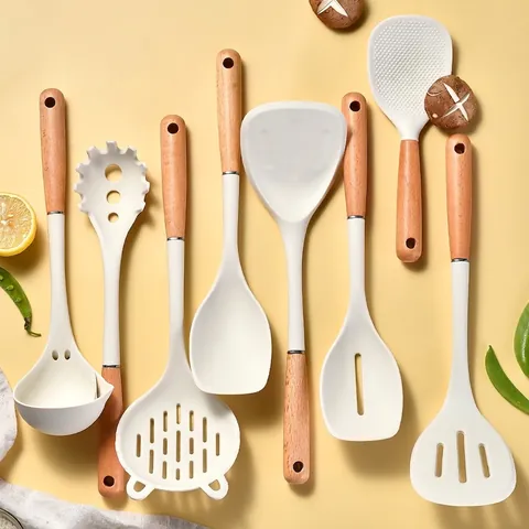 Heat Resistant Silicone Kitchen Utensil Set With Beech Wood Handle Non-stick Spatula Soup Spoon Slotted Turner Pasta Server Kitchen Tools