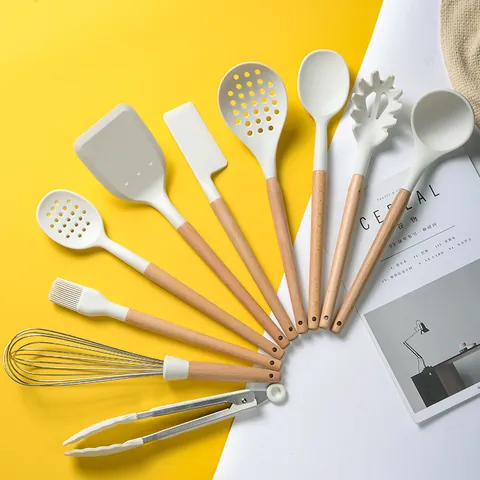 Ensemble de 10 Ustensiles de Cuisine en Silicone Blanc Crème Avec Poignée en Bois Outils de Cuisine Anti-adhésifs Résistants à la Chaleur