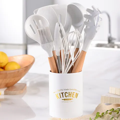 Marble White Wood Handle Silicone Kitchenware Set Non-Stick Heat Resistant Cooking Tools with Storage Bucket Kitchen Accessories
