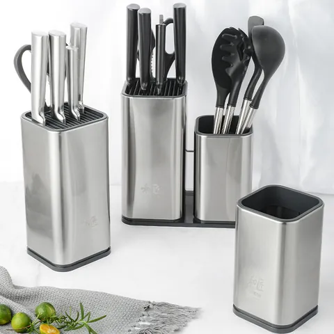 430 Stainless Steel Kitchen Knife Holder Universal Utensil Organizer Modern Brushed Metallic Knife Block Storage Countertop Combo