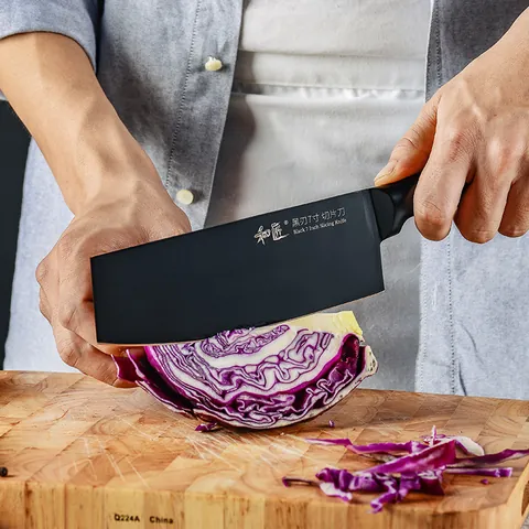 Professional Stainless Steel Kitchen Knife Set Non-Stick Black Blade Chef Cleaver Slicing Knife Scissors Set With Stand Gift
