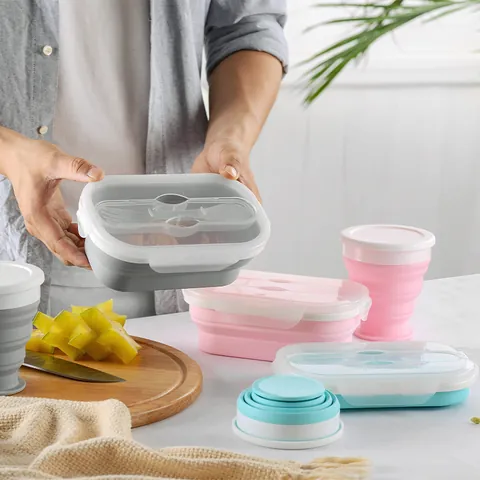 Portable Silicone Collapsible Lunch Box And Water Cup Set Foldable Food Storage Containers For Travel Camping School Office Outdoors