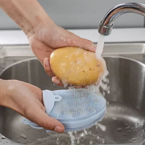 Multi-functional TPE Soft Bristle Cleaning Brush Magic Dish Scrubber For Fruit Vegetable Bathing Kitchen Tools With Hanging Hole