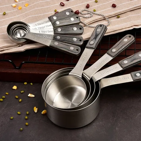 Stainless Steel Measuring Cups And Spoons Set With Wood Handle Precise Measuring Tools For Baking Cooking Kitchen Utensils