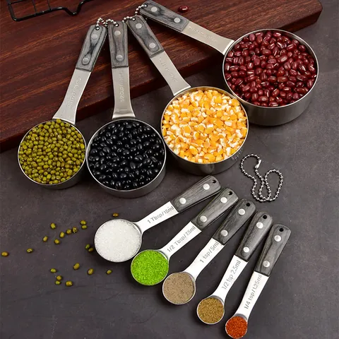 Stainless Steel Measuring Cups And Spoons Set With Wood Handle Precise Measuring Tools For Baking Cooking Kitchen Utensils