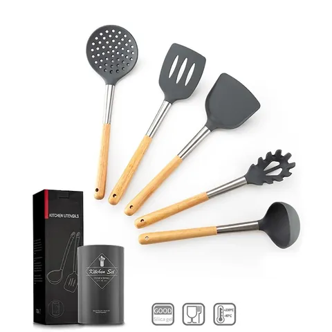 Heat Resistant Silicone Kitchen Utensils With Wooden Handles Cooking Spatula Soup Spoon Slotted Turner Pasta Server Kitchenware Accessories Collection