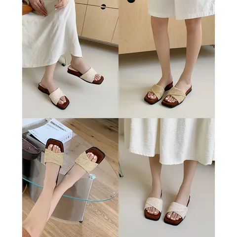 Women French Style Woven Wedge Platform Slide Sandals Summer Beach Linen Upper Height Increasing Non-Slip Apricot Yellow Slippers