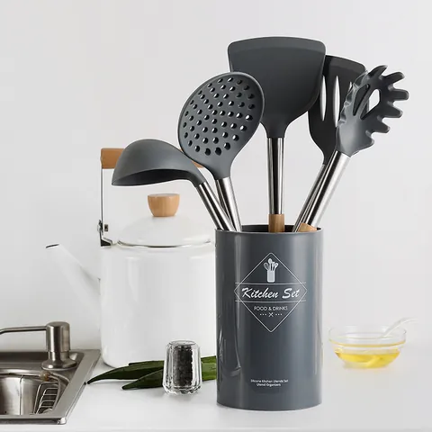 Heat Resistant Silicone Kitchen Utensils With Wooden Handles Cooking Spatula Soup Spoon Slotted Turner Pasta Server Kitchenware Accessories Collection