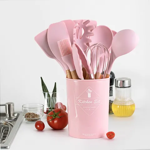 Pink Silicone Kitchen Utensil Collection Beech Wood Handle Heat Resistant Non-Stick Cooking Tools With Storage Bucket