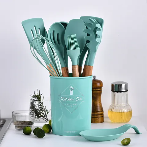12 Piece Mint Green Silicone Kitchen Utensils Set With Wooden Handle Heat Resistant Non Stick Cooking Spatula Spoon Tools