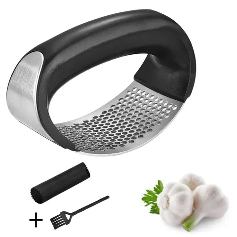 Stainless Steel Garlic Press Rocker Manual Garlic Mincer Crusher With Silicone Peeler And Cleaning Brush Kitchen Tools