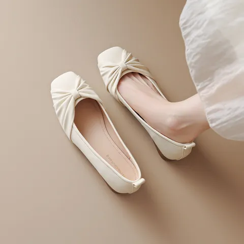 French Style Gentle Granny Shoes For Women Square Toe Low Block Heel Ruched Knot Shallow Mouth Slip On Ballet Flats