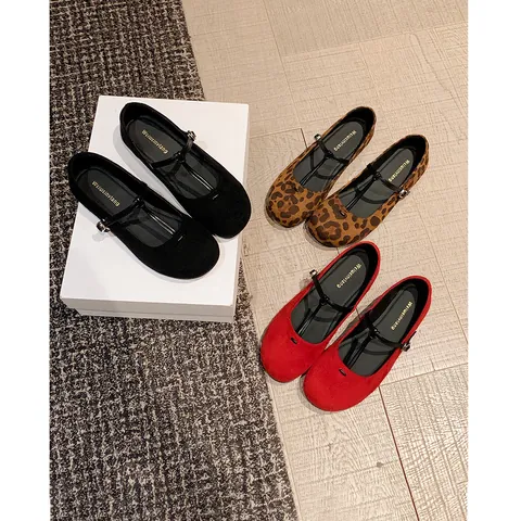 Zapatos Planos Mary Jane Retro Francés de Punta Redonda para Mujer Correa Única Bailarinas Suela Blanda Textura de Gamuza Zapatos Planos