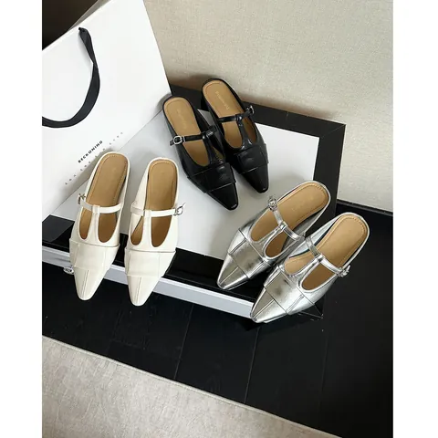 Mules de Puntera Puntiaguda para Mujer Estilo Francés T-Strap Sandalias Planas Cuero PU Verano Exterior Mules Sin Talón