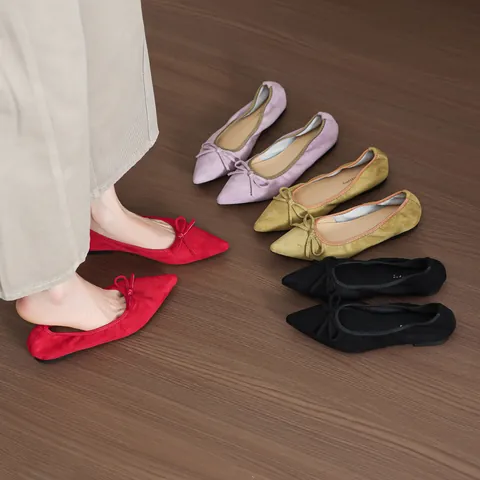Zapatos Planos con Punta Puntiaguda Retro Francés Mujer Elegante Lazo Boca Superficial Sin Cierres Gamuza Sintética Bailarinas