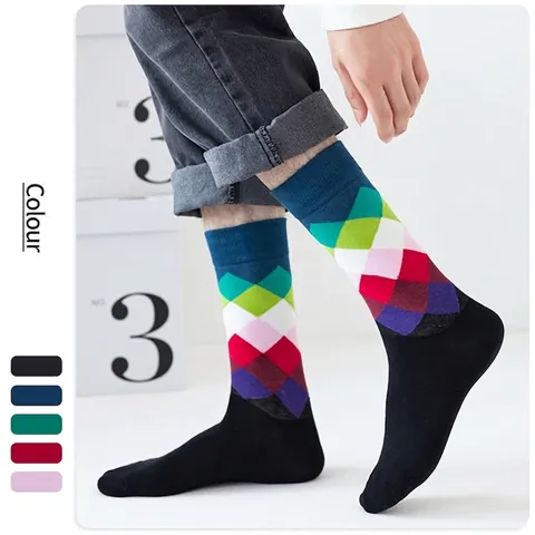 Cotton Argyle Crew Socks For Men Women Fashion Multicolor Geometric Patchwork Mid-Calf Casual Sport Breathable Soft Socks